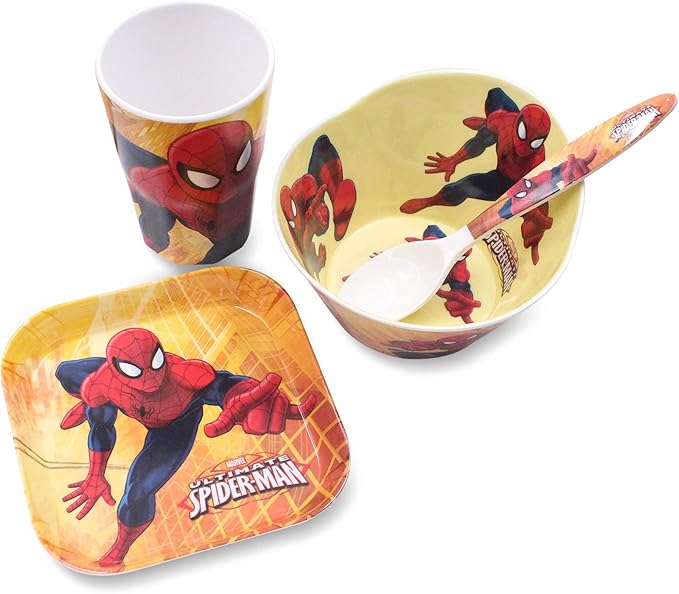 4 Pcs Set Cartoon Durable Tableware Meal Dishes Mealtime Food Feeding Eating Set includes Dinner Serving Bowl Plate Cup with a Matching Spoon and Fork