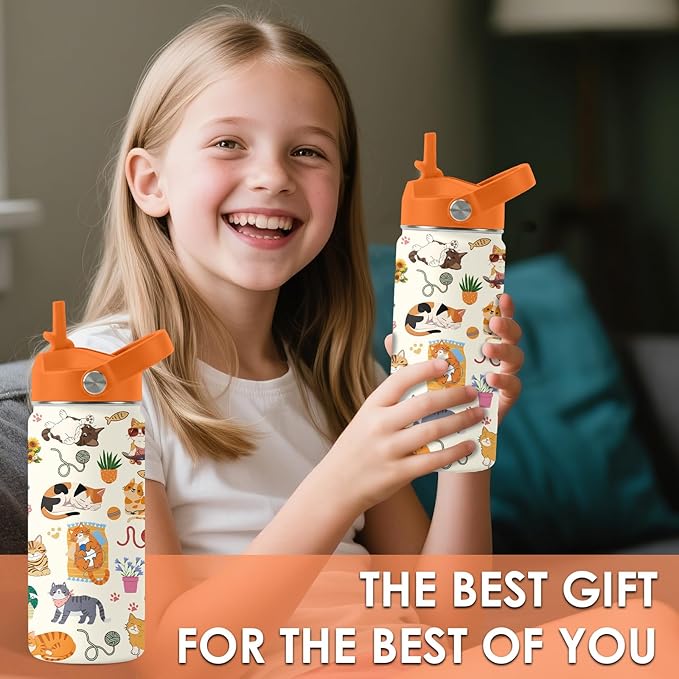 Cat Gifts for Kids - 16 Oz Orange Cat Water Bottle with Straw Lid, Stainless Steel Insulated Tumbler, Leak Proof, for Boys & Girls, School, Travel - Funny Cats Lovers Children Birthday Gifts Cups(1pc)