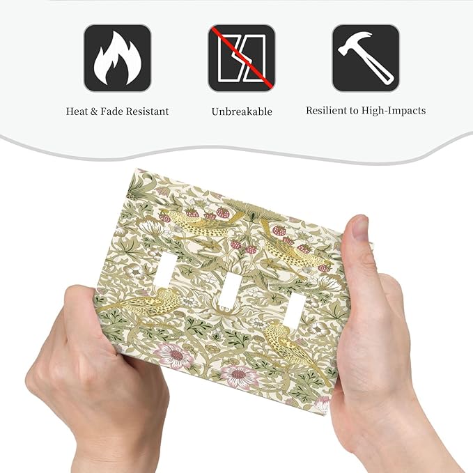 William Morris Vintage Strawberry Bird Botanical Decorative Switch Plates 3 Gang Wall Plate Triple Toggle Light Switch Cover Faceplate Electrical Wall Panels for Farmhouse Home Decor