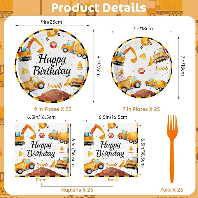 100 Pcs Construction Birthday Party Supplies - Construction Themed Plates and Napkins Forks Set, Disposable Dump Truck Tableware for Boys Kids Birthday Party Decorations Favors, Serve 25 Guests