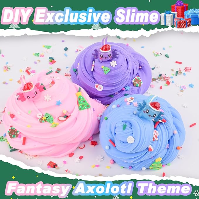 3 Pack Christmas Butter Slime Kit, Scented Axolotl Slime with Pink, Blue, Purple Axolotl Charms, Soft, Non-Sticky, Goodies Bag Toy for Christmas Party Favors