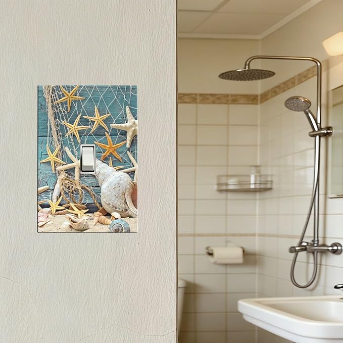 Rustic Coastal Seashell 1-Gang Toggle Light Switch Plate, Fisherman's Catch Beach Scene Decorative Wall Plate for Bathroom Decor