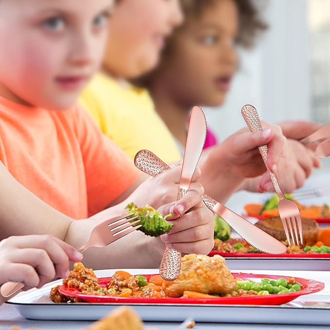 LIANYU 12-Piece Kids Copper Silverware Set, Stainless Steel Toddler Utensils, Hammered Metal Preschooler Flatware Cutlery Set, Children Tableware Includes Knives Forks Spoons, Dishwasher Safe