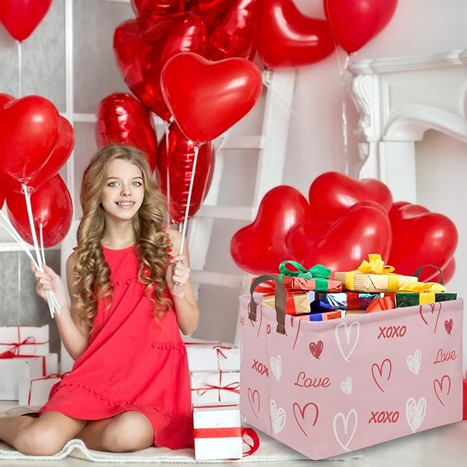 FXOLCSHE Rectangular Girl Pink Basket,XOXO heart gift box,Pink baskets with Handle Organizer,Nursery hamper,Gift baskest,Shelf Basket(XOXO hearts）
