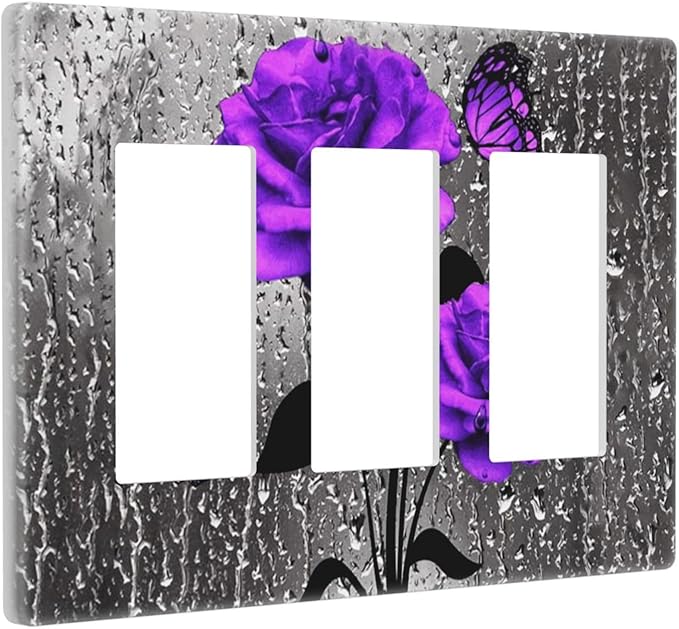 Purple Gray Rose Butterfly 3-Gang Rocker/Decorator Wall Plate Cute Romantic Gray Blossom Flowers Floral Decorative Screwless Triple Device Light Receptacle GFCI Outlet Switch Faceplate Cover Dimmer