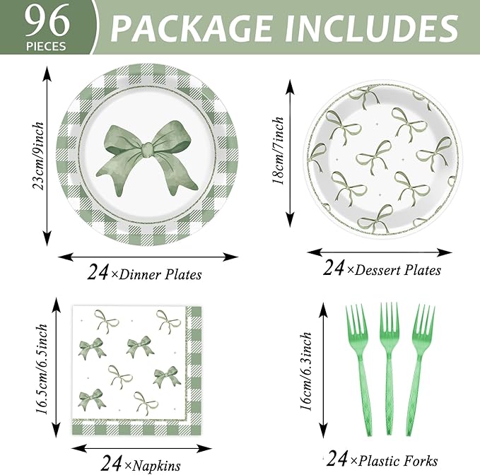 CHUNNIN 96Pcs Green Plaid Bow Spring Plates and Napkins Party Decorations Bow Theme Dessert Paper Plates Napkins Birthday Tableware Set for 24 Guests Girls Baby Shower Picnic BBQ Party Suppliess