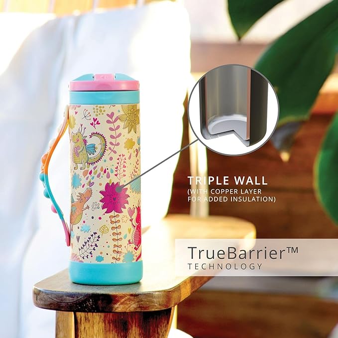 Elemental Iconic Kids Water Bottle for School - 100% Leak-Proof Insulated Water Bottles with Straw Lid & Pop-It Handle for Boys & Girls - Triple-Wall Insulated & BPA-Free, 14oz – Dragon