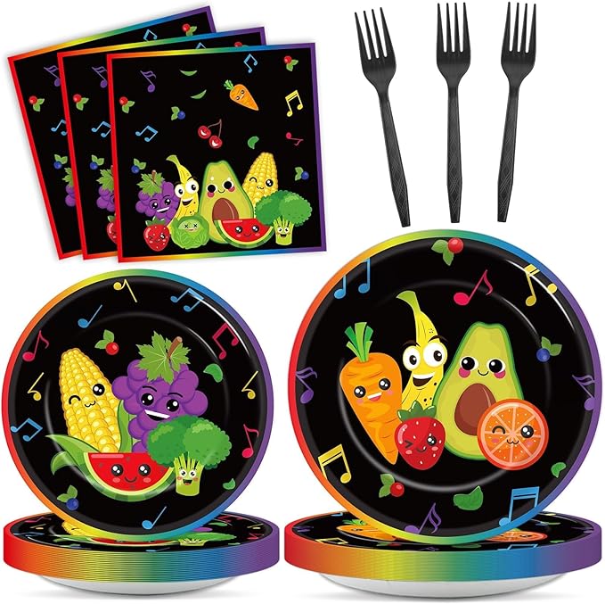 96 Pcs Dancing Fruit Party Plates and Napkins for Fruit Birthday Theme Supplies Dancing Fruits Themed Paper Dessert Plates Fruits Party Tableware Set for Kids 24 Guests Birthday Decoration