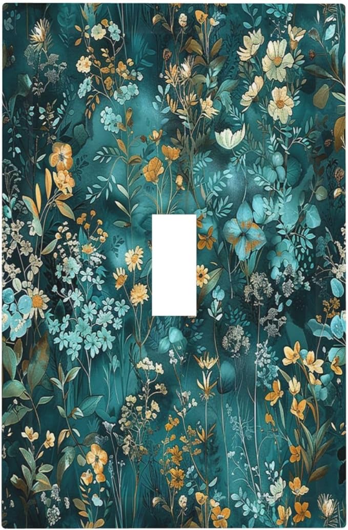 Decorative Light Switch Cover Green Leaf Floral Boho Golden Flower Plant 1 Gang Single Toggle Device Electrical Faceplate Switchplates Decorator Outlet Wall Plate For Bed Room Cabin