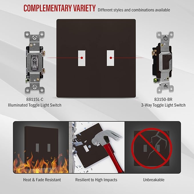 ENERLITES Screwless Double Toggle Switch Wall Plate, Child Safe Dual Light Switch Cover, Standard Size 2-Gang 4.68" x 4.73", Unbreakable Polycarbonate Thermoplastic, UL Listed, SI8812-BR, Glossy Brown
