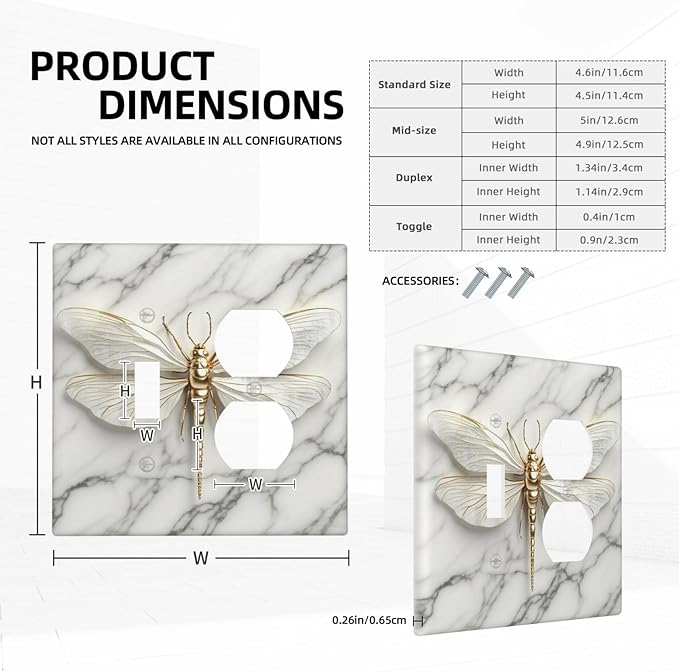 White Gold Marble Dragonfly Abstract Modern Wallplates 1 Toggle 1 Duplex Switch Plate Electrical GFCI Faceplate Decorative Light Switch Covers for Bathroom Home Decor