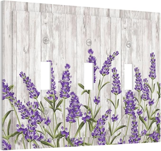 Purple Lavender Rustic Wooden Flowers Floral Plant Decorative Switch Plates 3 Gang Wall Plate Triple Toggle Light Switch Cover Faceplate Electrical Wall Panels for Farmhouse Living Room Decor