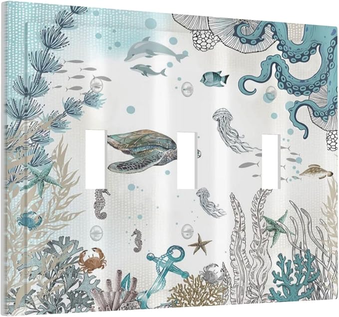 Sea Turtle Octopus Ocean Underwater Animal 3 Gang Light Switch Covers Decorative Unique Triple Toggle Wall Plate Electrical Faceplate Switchplate for Kitchen Bathroom Bedroom Home Decor
