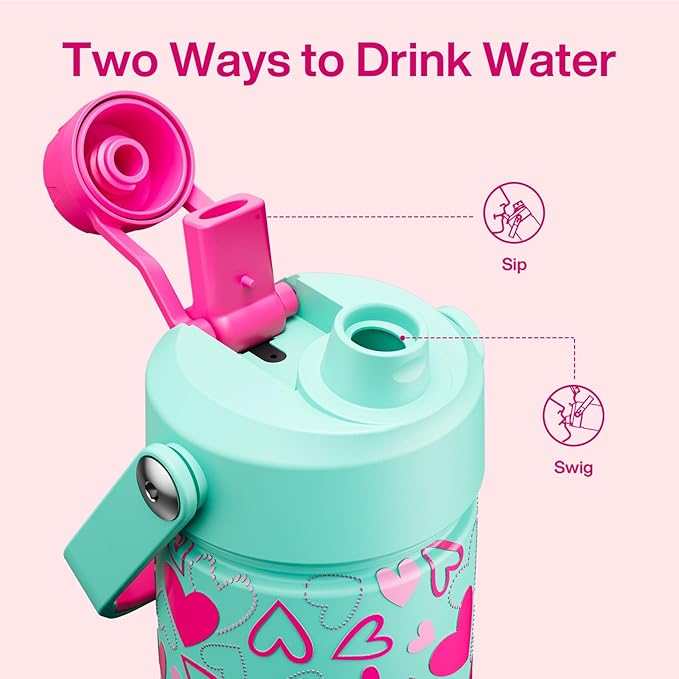 ENCOOL Valentine's Day Insulated Water Bottle with Straw Stainless Steel Water Bottle, Leak-Proof, BPA-Free, Keeps Cold for 24 Hours for Sports, Travel, School (26 oz, Sweet Hearts Pink x Mint)