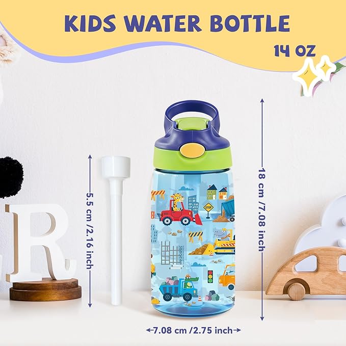 14oz Cute Cartoon Animals Kids Water Bottle with Straw Lid - Vehicles Water Bottles for Kids, Leakproof, Lightweight, Durable Plastic Bottles for School, Animal construction team Gift Cup for Teens