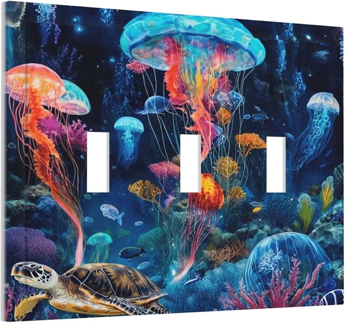 Jellyfish Sea Turtle Fantasy Ocean Coral Underwater World Decorative Switch Plates 3 Gang Wall Plate Triple Toggle Light Switch Cover Faceplate Electrical Wall Panels for Nursery Kids Room Decor