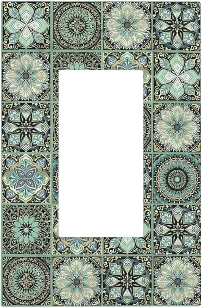 Moroccan Mandala Tile Floral Talavera Tiles Decorative Outlet Covers 1 Gang Single Rocker Light Switch Cover Plate Wall Plates GFCI Faceplate for Bathroom Kitchen Decor