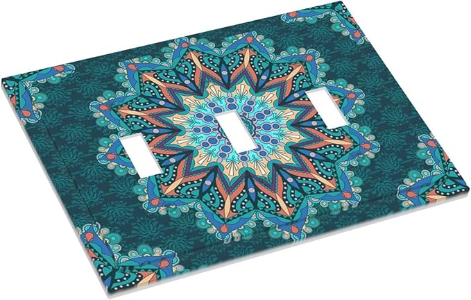 Light Switch Cover Boho Hippie Colorful Mandala 3 Gang Wall Plate Triple Light Switch Plate Toggle Decorative Outlet Covers Electrical Switchplate for Bathroom Home Decor