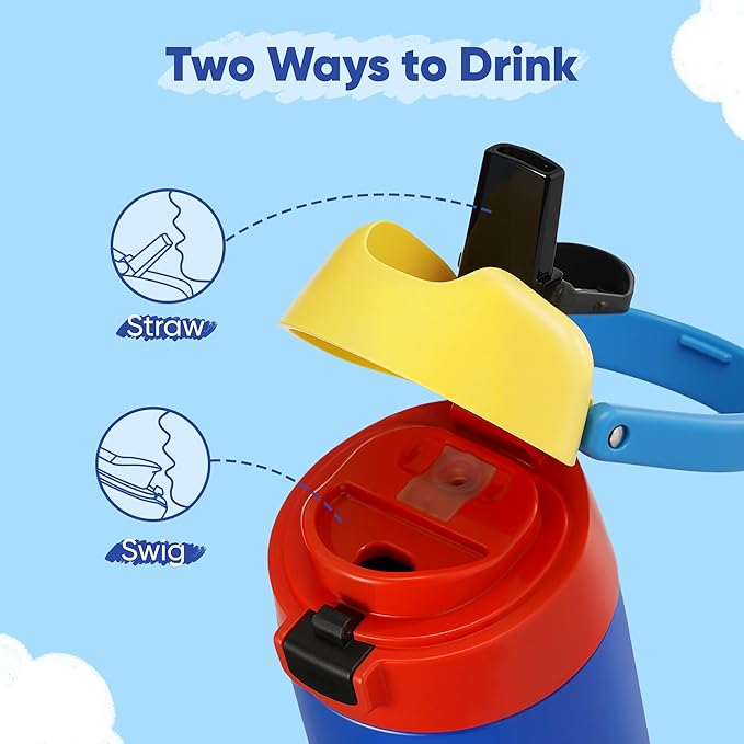 12 oz Water Bottle Insulated, 304 Stainless Steel Insulated Kids Water Bottle with Straw, 2-in-1 Lid Toddler Cups for School Boys Girls, BPA-Free, Leak-Proof, Great for Sport, Travel, Technology Blue
