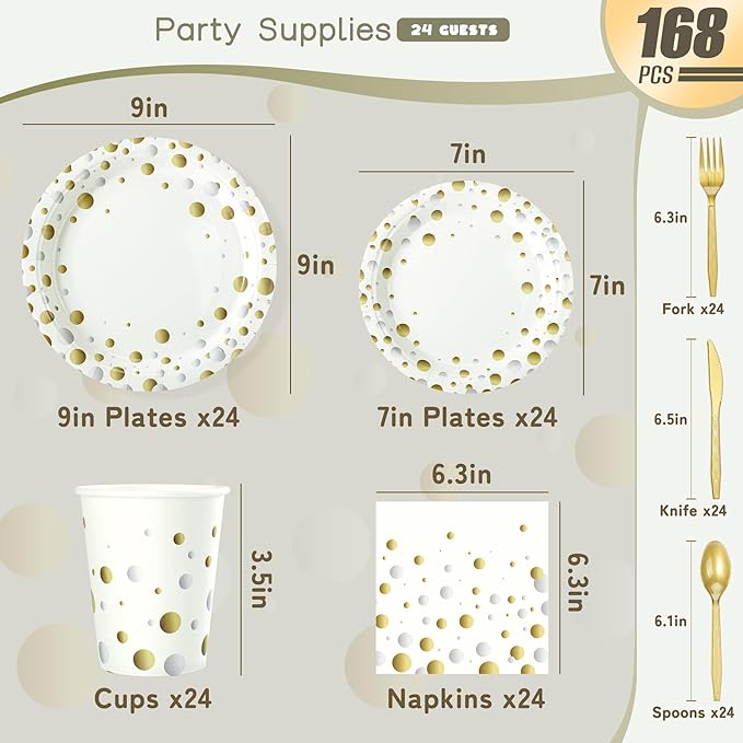 White and Gold Dots Plates Set for 24 Guests,168PCS Disposable Dinnerware Party Supplies,Paper Plates Napkins Cups Gold Forks Knives Spoons for Birthday Baby Shower Graduation Retirement Anniversary