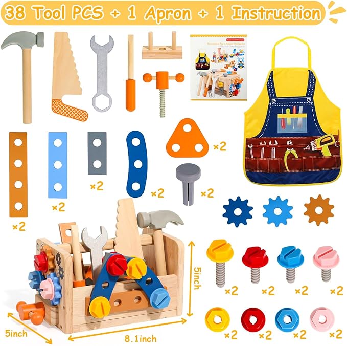 TONZE Kids Tool Set with Apron, 39 PCS Wooden Toddler Tool Bench Box Montessori Toys for 2 3 4 Year Old Boys Girls, Educational STEM Construction Toys Pretend Play Toddler Toys Age 3-5 Birthday Gift