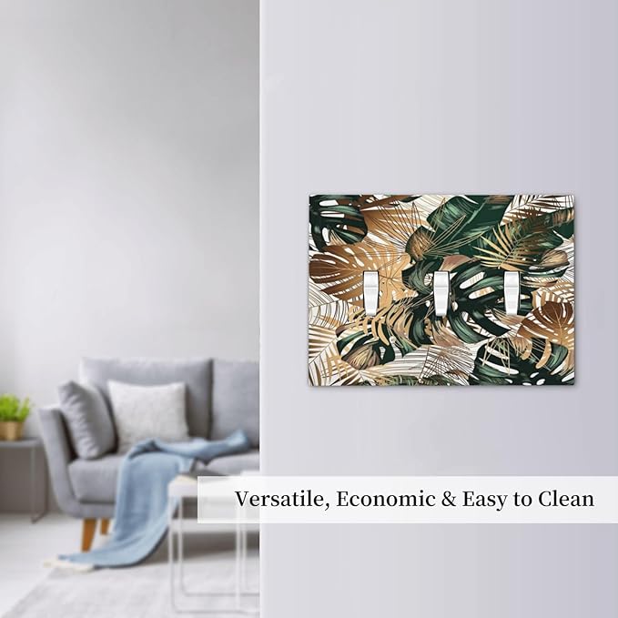 Green Tropical Leaves Gold Palm Leaf Botanical 3 Gang Light Switch Covers Decorative Unique Triple Toggle Wall Plate Electrical Faceplate Switchplate for Kitchen Bathroom Bedroom Home Decor
