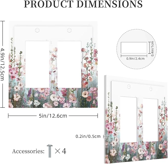 Colorful Flowers Pink Floral Watercolor Plant Decorative Outlet Covers 2 Gang Double GFCI Rocker Electrical Wall Panels Light Switch Cover Plate for Bed Room Living Room Decor