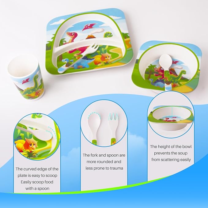 Qshare Bamboo Toddler Dinnerware Set,5Pcs Baby Plates and Bowls,Bamboo Kids Plates and Bowls Set,Kids Dishes Dinnerware Sets with Plate,Bowl,Cup,Fork and Spoon (Tyrannosaurus)