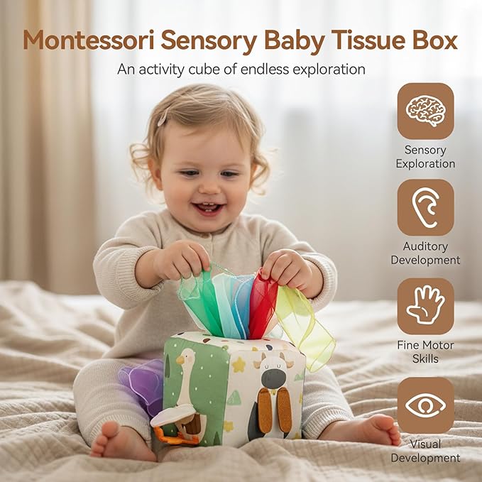 Youuys Baby Tissue Box Toy for Babies 6-12 Months, Montessori Sensory Toys for 1 Year Old Boy, Infant Toy with Crinkle Tissues & Fine Motor, for 6 9 12 18 Months Old Kids 1st Birthday
