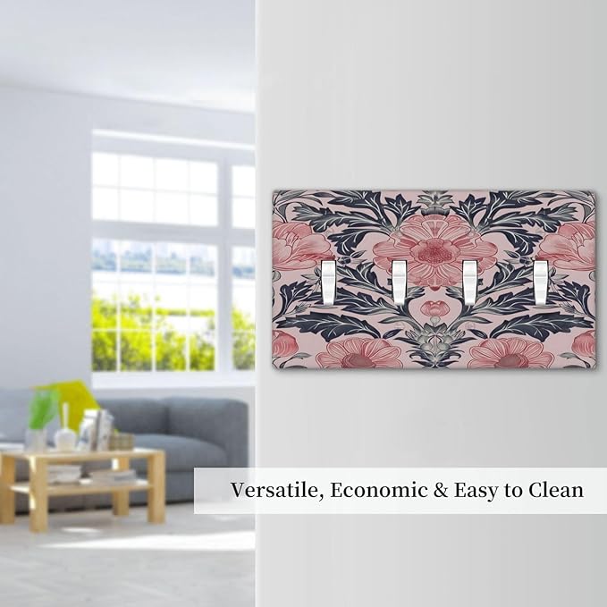 Pink Floral Vintage Botanical Boho Flower Light Switch Covers Quad Toggle Electrical Faceplate 4 Gang Wall Plate Decorative Switch Plates Cover for Farmhouse Home Decor