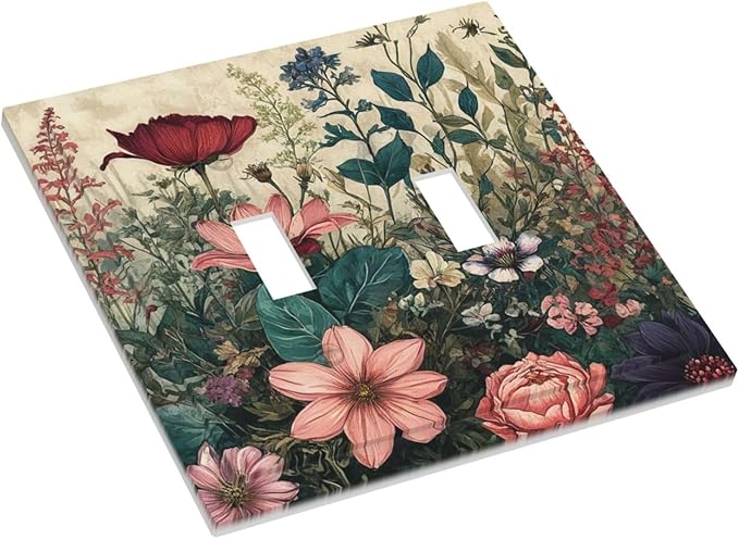 Decorative Light Switch Cover Rustic Wildflower Red Floral Green Plant 2 Gang Wall Plate Oversized Double Toggle Two Switch Dual Device Face Plate