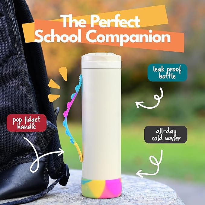 Elemental Iconic Kids Water Bottle for School - 100% Leak-Proof Insulated Water Bottles with Straw Lid & Pop-It Handle for Boys & Girls - Triple-Wall Insulated & BPA-Free, 20oz – White Tie Dye