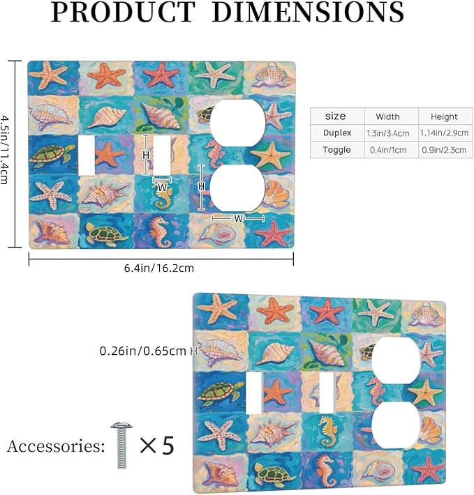 Sea Turtle Starfish Ocean 2 Toggle 1 Duplex Receptacle Outlet Cover Wall Plate Decorative 3 Gang Light Switch Covers Electrical Switchplate Home Decorate Faceplat for Bathroom Bedroom Kitchen Room