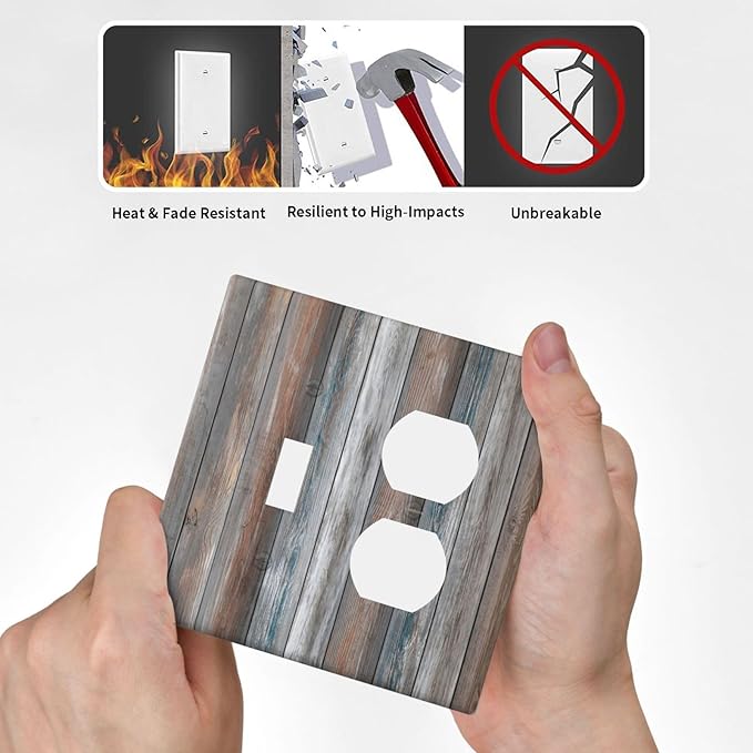 Decorative Outlet Covers Vintage Blue Grey Brown Wood Plank 2 Gang Wall Plate Single Toggle Duplex Light Switch Cover Switch Plate Covers Faceplate for Farmhouse Bedroom Decor