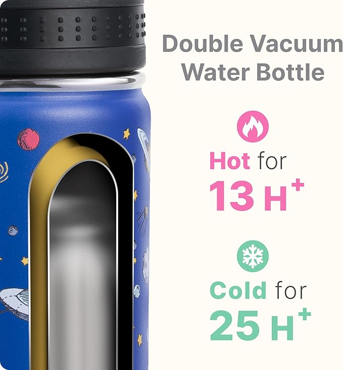 12 oz Stainless Steel Vacuum Insulated Wide Mouth Sports Water Bottle - Kids Metal Water Flask for School, BPA-Free-Astronaut