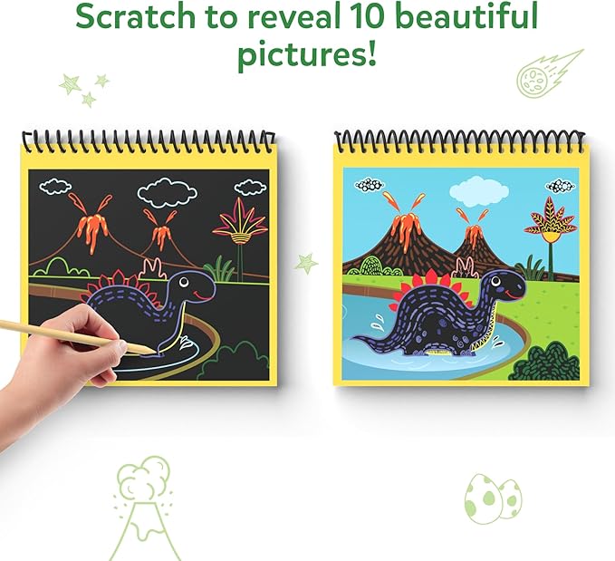 Skillmatics Scratch Art Book for Kids - Dinosaurs, Craft Kits & Supplies, 30+ Scratch Stickers, Travel Toys, DIY Kit, Gifts for Boys & Girls Ages 3, 4, 5, 6, 7, 8