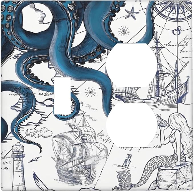 Nautical Vintage Map Octopus Mermaid Lighthouse Boat Wallplates 1 Toggle 1 Duplex Switch Plate Electrical GFCI Faceplate Decorative Light Switch Covers for Bathroom Kids Room Decor