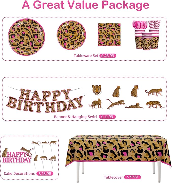 cocomigo 343pcs Cheetah Birthday Decorations Tableware Set, Serves 50 Guests, Cheetah Print Birthday Decorations includes 350 gsm Plates, Balloons, Tablecloths, for Leopard Theme Party Supplies