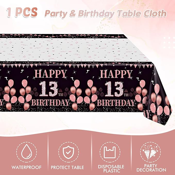 Ryzovo 41Pcs 13th Birthday Decorations for Girls Rose Gold Happy 13 Birth Party Supplies for Her Including Tablecloth,Plates,Napkins, 13 Year Old Girl Birthday Tableware for Sweet Teenager Party