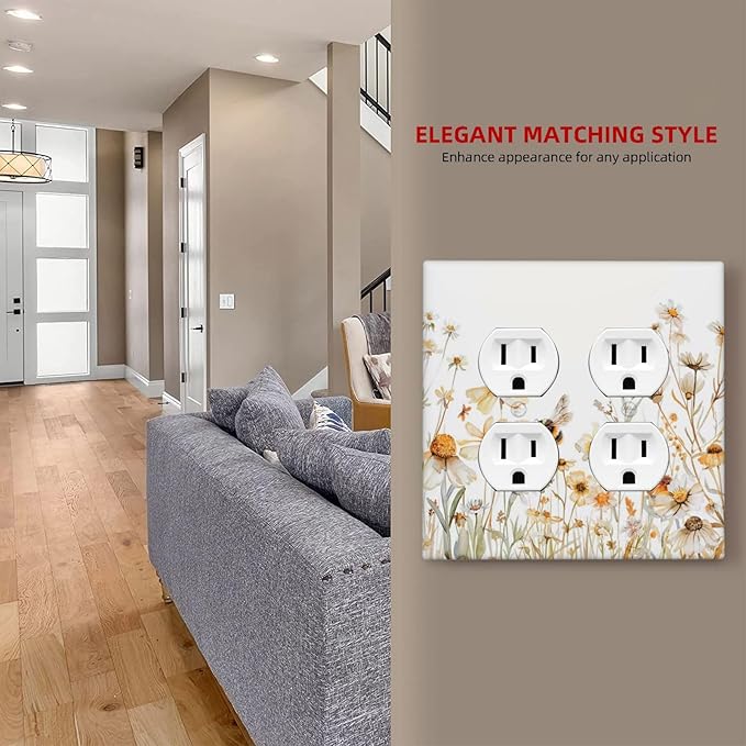Yellow White Daisy Floral Bee Wild Flower Outlet Covers 2 Gang Double Duplex Decorative Light Switch Covers Electrical Wallplates Socket Faceplate for Bedroom Living Room Decor