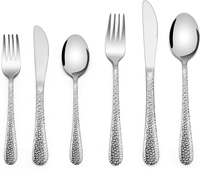 12 Piece Kids Utensils Silverware Set, E-far Stainless Steel Hammered Toddler Cutlery Child Flatware Progress Set, Small Adult Diet Tableware Include Fork Spoon Knife, Mirror Finished, Dishwasher Safe