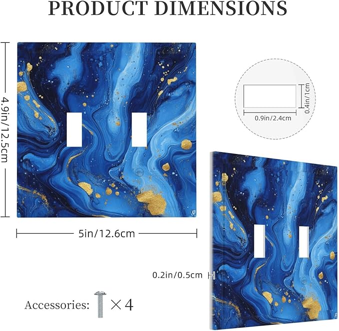 Light Switch Cover Plate Navy Blue Gold Marble Abstract Luxury 2 Gang Double Switch Plate Covers Toggle Wallplate Decorative Outlet Covers Electrical Switchplate for Bathroom Home Decor