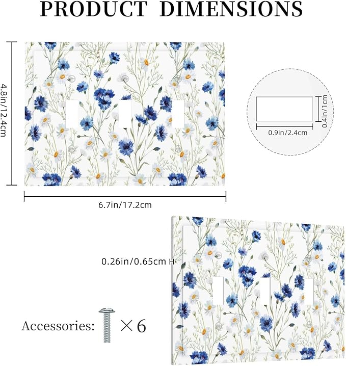 Light Switch Cover Plate Watercolor Daisy Blue Floral Vintage Plant 3 Gang Triple Toggle Decorative Switch Plates Wall Plates Electrical Switchplate Faceplate for Bedroom Home Decor