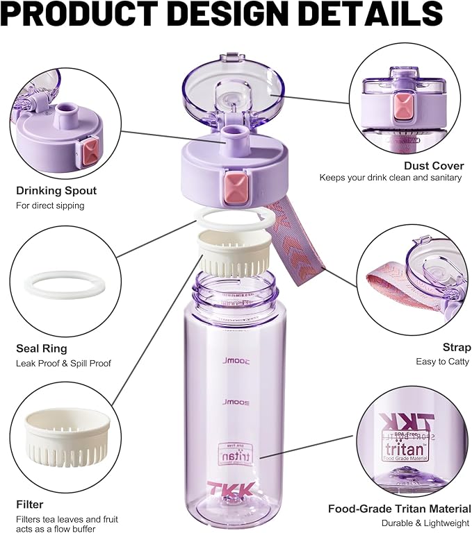 TKK Sports Water Bottle, 17oz Tritan Kid Jug with Leak Proof Lid & Handle Strap & Built-In Infuser - BPA-Free, Easy-Clean Design for Gym, Office & Outdoor Travel, Purple