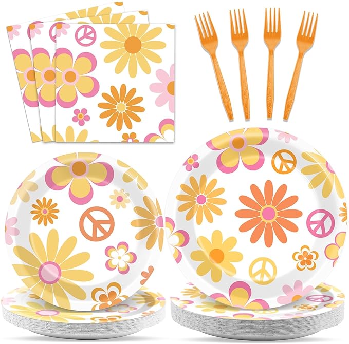 96 Pcs Groovy Party Supplies for 24 Guests Retro Hippie Boho Tableware Plates Napkins Daisy Flower Birthday Dinnerware Table Decorations Retro Hippie Daisy Party Favor for Kitchen Dinning Home Decor