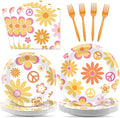 96 Pcs Groovy Party Supplies for 24 Guests Retro Hippie Boho Tableware Plates Napkins Daisy Flower Birthday Dinnerware Table Decorations Retro Hippie Daisy Party Favor for Kitchen Dinning Home Decor