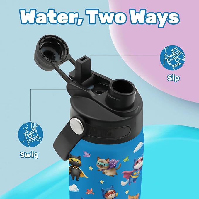 Insulated Water Bottle 18oz, Cats Gifts Water Bottle with 2-in-1 Straw and Spout Lid, Blue Cats Cup Leakproof, Cat Cup Coffee Travel Mug for Cat Lovers, Birthday Gift Ideal for Boys Girls