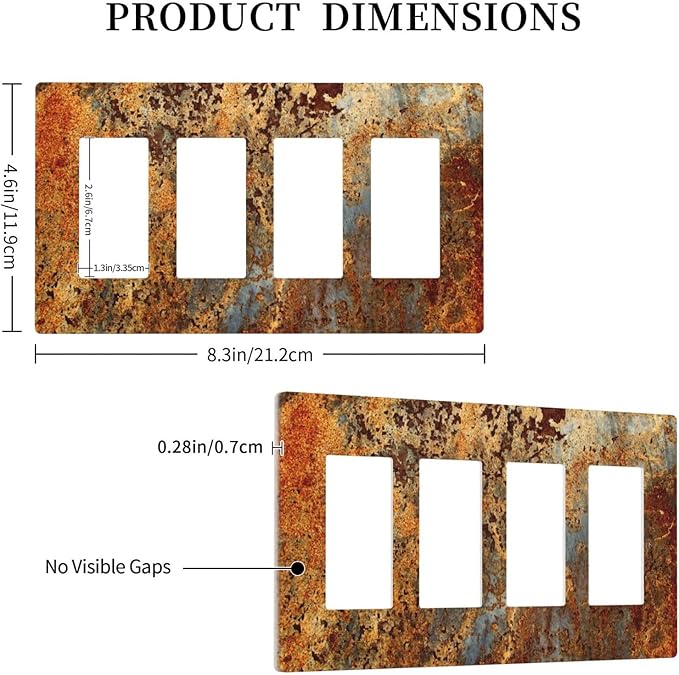 Rust Old Rusty Copper Rustic 4 Gang Quad Rocker/GFCI/Decorator Light Switch Cover Plate Decorative Electric Faceplate Decorative Switchplate Screwless