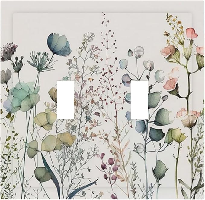 Tan Colorful Watercolor Flower Toggle Light Switch Cover 2-Gang Rustic Blue Color Boho Floral WildFlower Blossom Electrical Decorator Dual Device Face Wallplate Decorative Double Switch Plate Covers