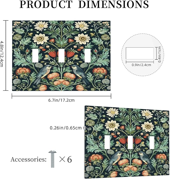 Light Switch Cover Plate Strawberry Birds Flowers Plant Morris Floral 3 Gang Triple Toggle Decorative Switch Plates Wall Plates Electrical Switchplate Faceplate for Bathroom Bedroom Decor